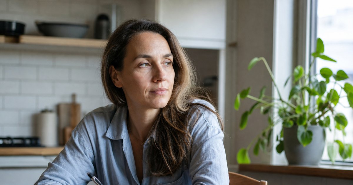 A woman in her thirties sitting at a wooden kitchen table early in the morning with a mug of coffee and a pen in hand, hands resting on the table, warm daylight through a window, potted plant in the background