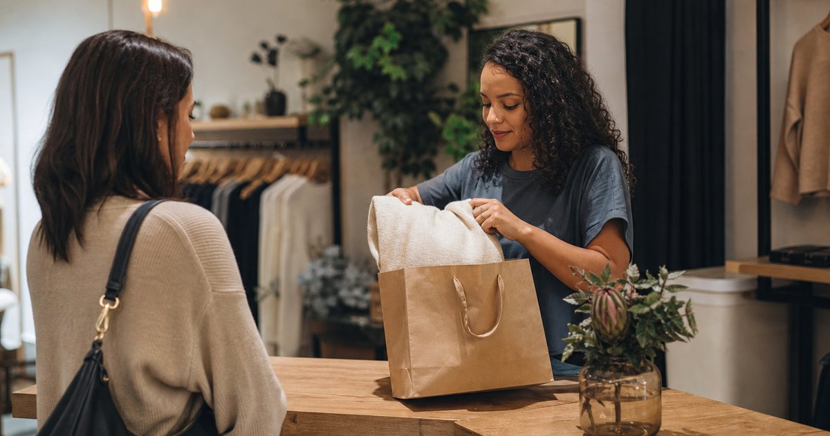 Checkout counter in a small boutique with a cashier folding a sweater into a paper shopping bag for a customer, wooden counter with a small vase of flowers, warm interior light