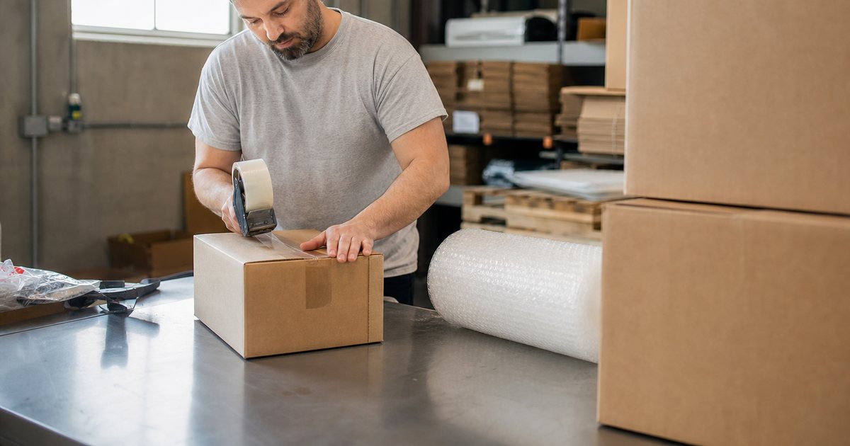 A warehouse worker in a plain gray t-shirt sealing a cardboard box with packing tape on a metal bench, stacks of unlabeled brown boxes and a roll of bubble wrap beside him, soft morning light from a high window