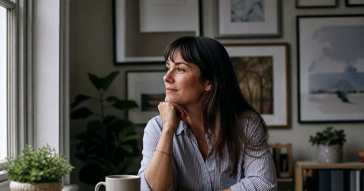 Small business owner at a wooden desk with a closed laptop, coffee mug, and a small potted plant, looking thoughtfully toward the window, natural window light, tidy home office