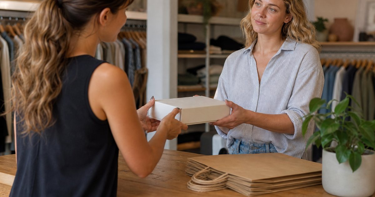 Customer service desk at a small retail shop with a clerk accepting a boxed item back from a customer, wooden counter with folded shopping bags and a potted plant, warm interior light