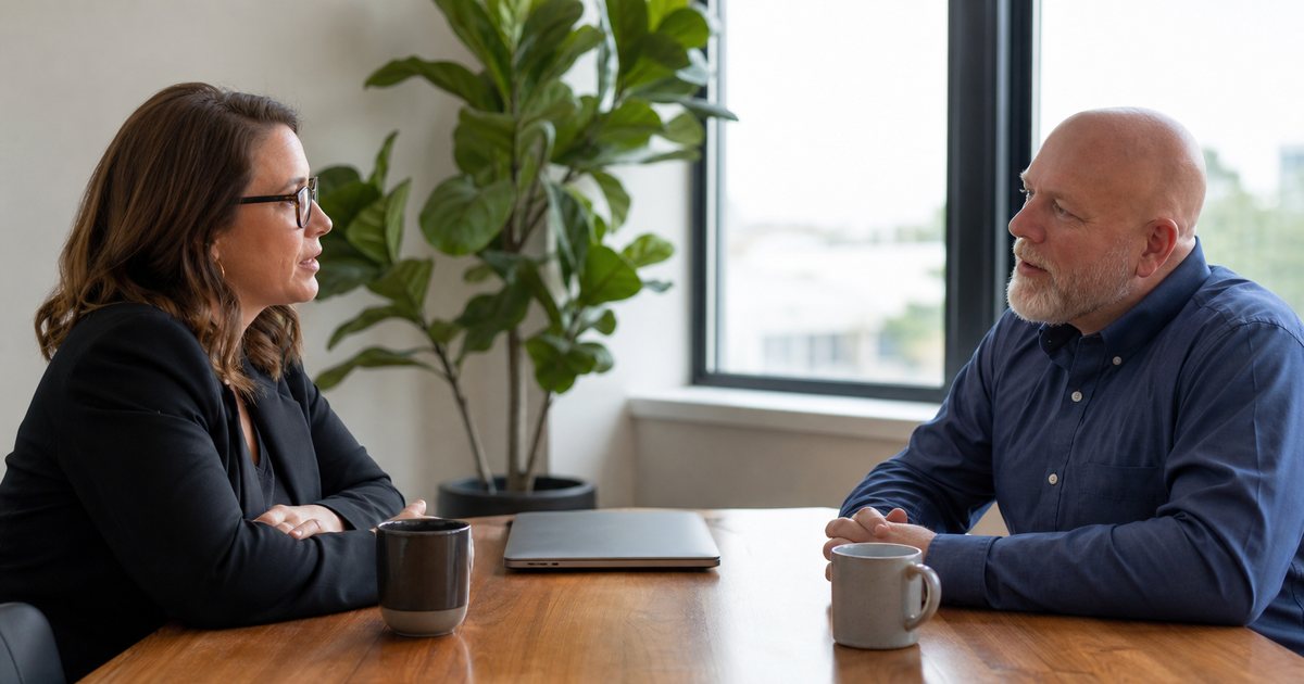 Business owner and an accountant sitting across from each other at a wooden conference table in a small office, talking calmly, a closed laptop and two coffee mugs on the table, potted plant by the window, natural light
