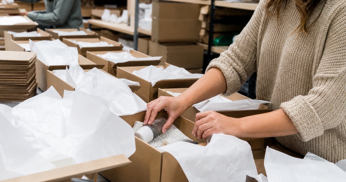 Small fulfillment room with rows of identical plain kraft subscription boxes being packed on a long table, tissue paper, hands placing products, bright overhead light